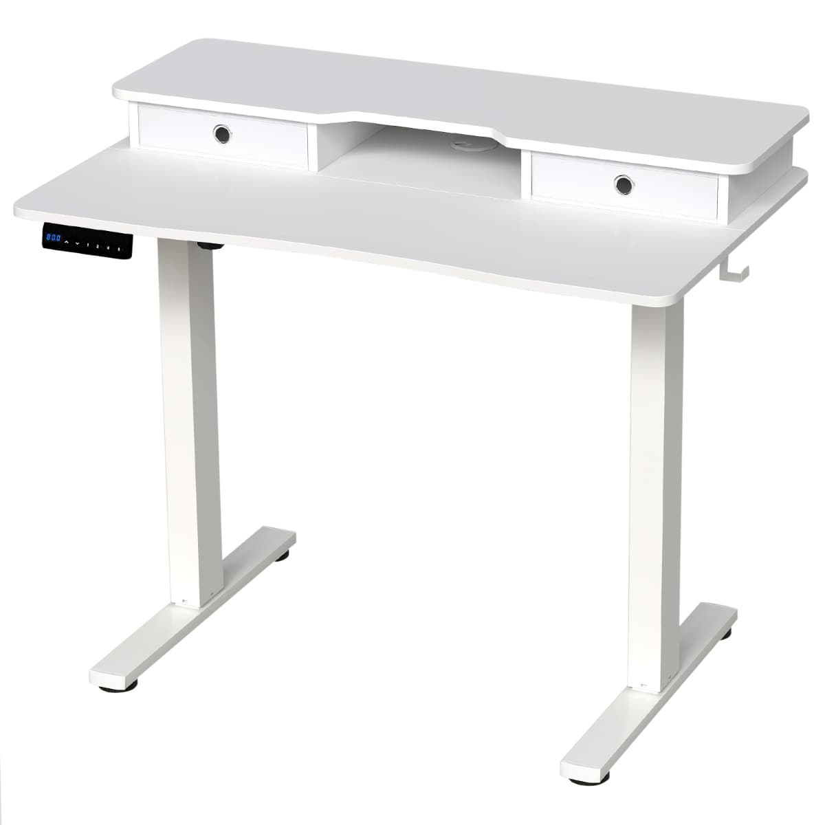 Bureau Assis-Debout Electrique 100x60 cm avec 2 Tiroirs Réglable en Hauteur Support d'Ecran Etagère