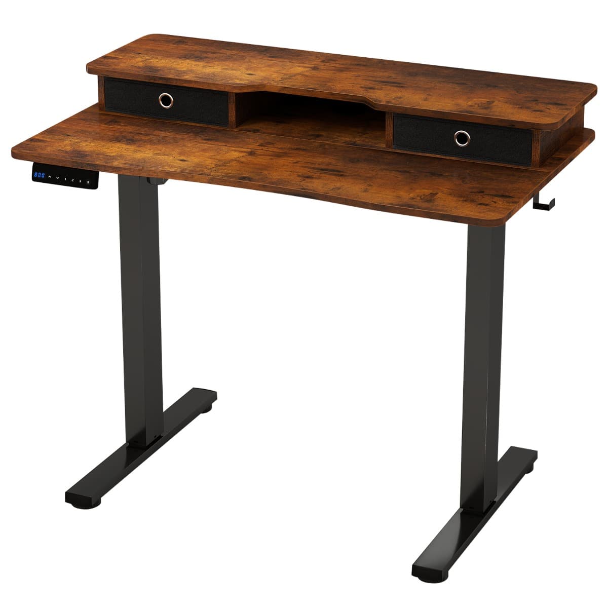 Bureau Assis-Debout Electrique 100x60 cm avec 2 Tiroirs Réglable en Hauteur Support d'Ecran Etagère