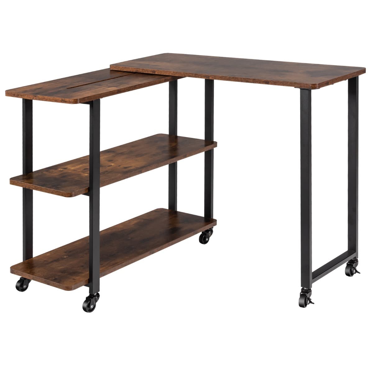 Bureau d'Angle à Roulettes pour Ordinateur Bureau en Forme L avec 3 Etagères Cadre en Métal Café